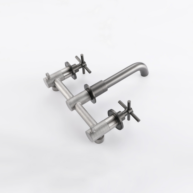 Grifo de doble manija para lavabo de baño con montaje en pared gris pistola de acero inoxidable 304 