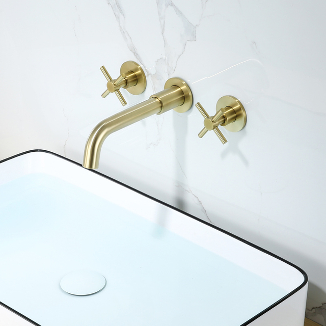 Grifo de doble manija para lavabo de baño con montaje en pared de oro cepillado de acero inoxidable 304 