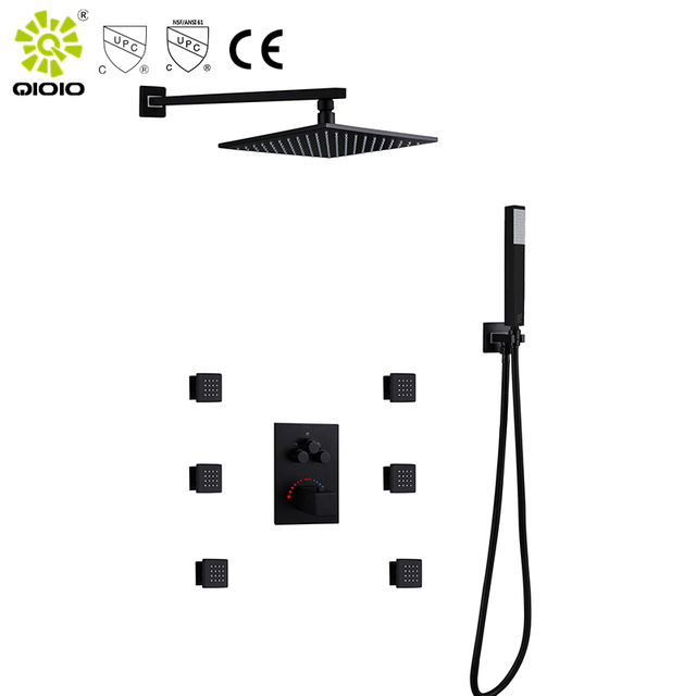 Cabezal de ducha LED 3 funciones de latón set de ducha termostático empotrado negro