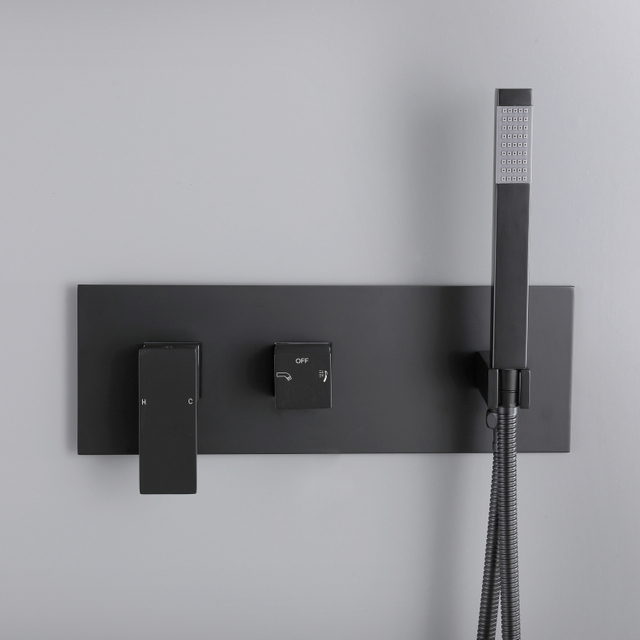 Grifo de cascada montado en la pared para baño, cuadrado, negro, juegos de grifos ocultos para baño y ducha de 2 funciones
