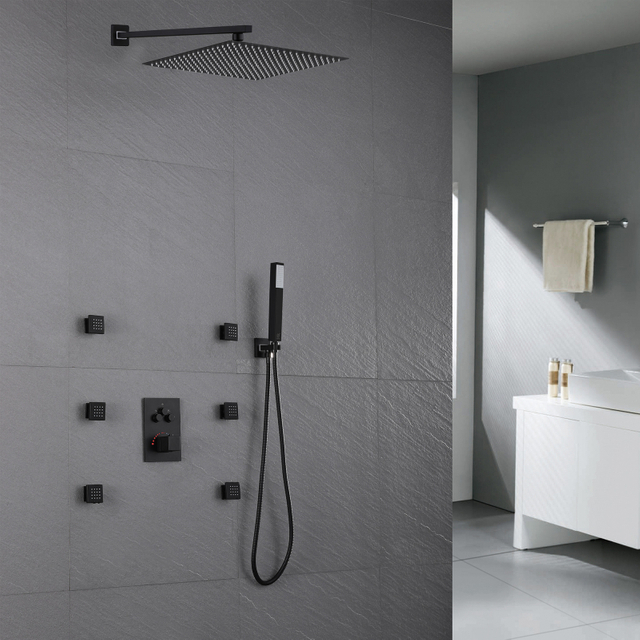 Mezclador de ducha termostático oculto de 3 funciones para baño negro de acero inoxidable 304 moderno