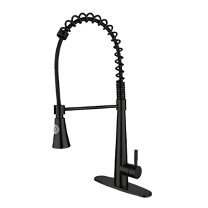 Grifo de cocina abatible con resorte de un solo orificio, manija única, negro mate moderno