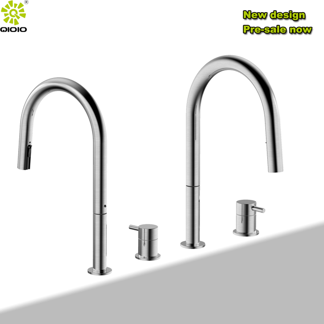 Grifo de fregadero extraíble dividido mezclado en caliente y frío de acero inoxidable 304