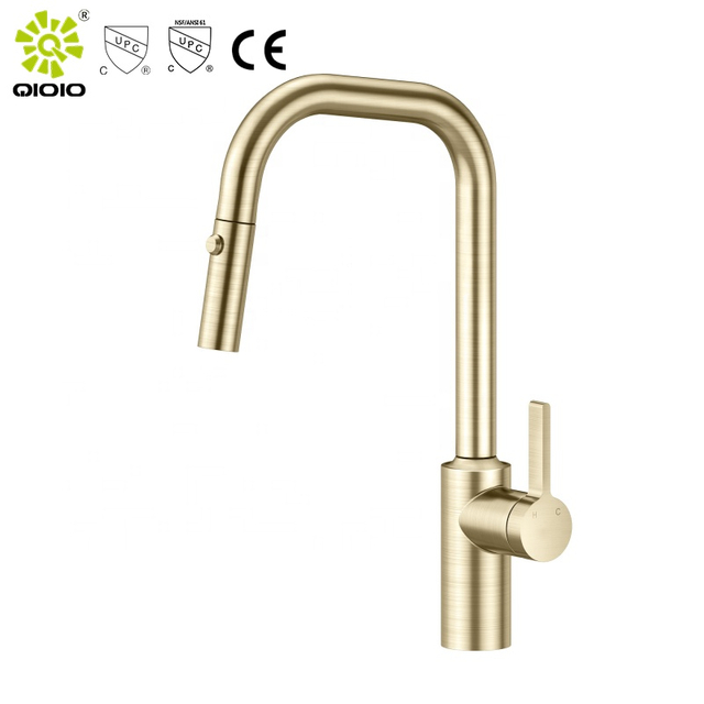 CUPC Grifo de cocina abatible de oro cepillado de acero inoxidable 304 de alto arco de alta calidad