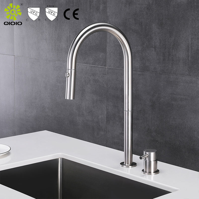 CUPC de alta calidad 304 de acero inoxidable níquel dividido dos orificios extraíble grifo de fregadero de cocina