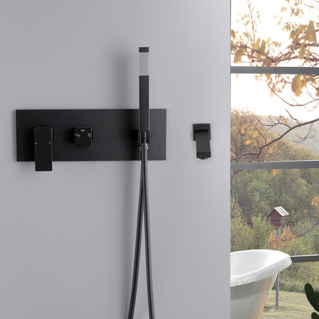 Juegos de grifos ocultos para baño y ducha de baño montados en la pared, cuadrados, de acero inoxidable 304, color negro