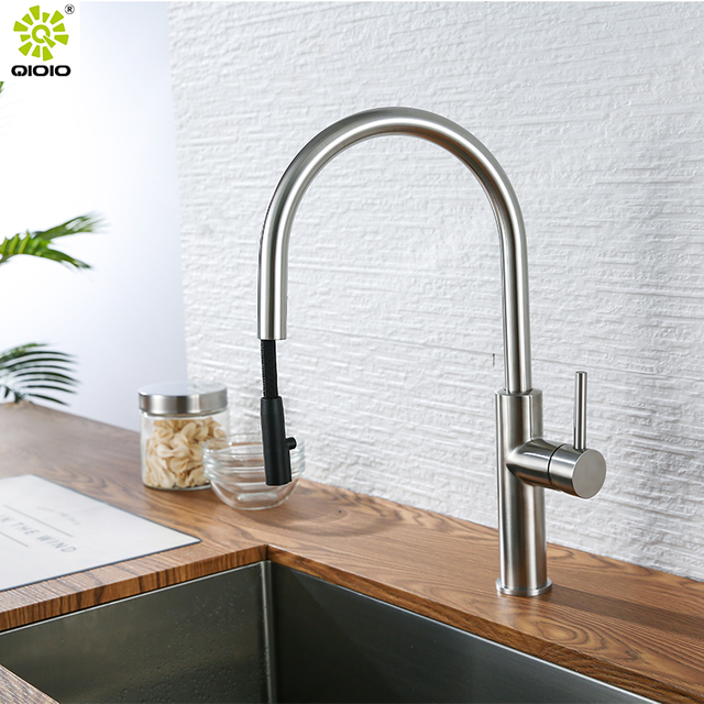 Cabezal de ducha oculto cepillado de acero inoxidable 304 L, grifo de fregadero de cocina extraíble