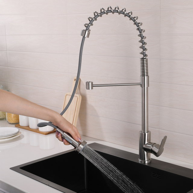 Grifo de cocina abatible con resorte de níquel cepillado moderno de acero inoxidable 304