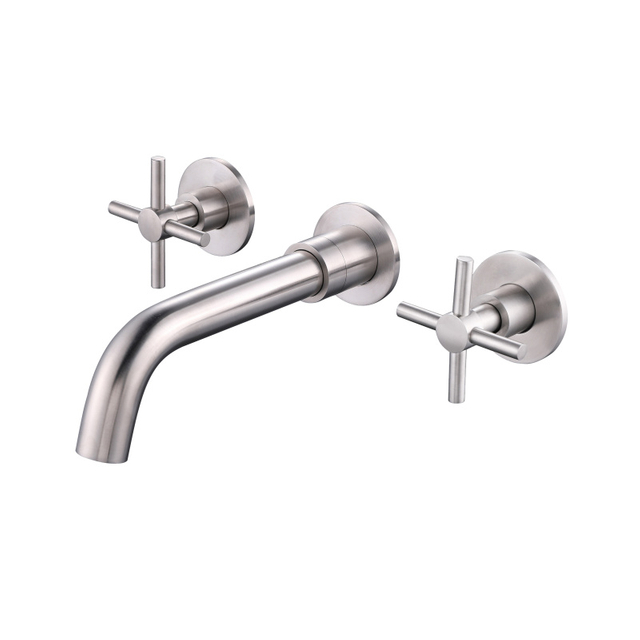 Grifo de doble manija para lavabo de baño de montaje en pared negro mate de acero inoxidable 304 