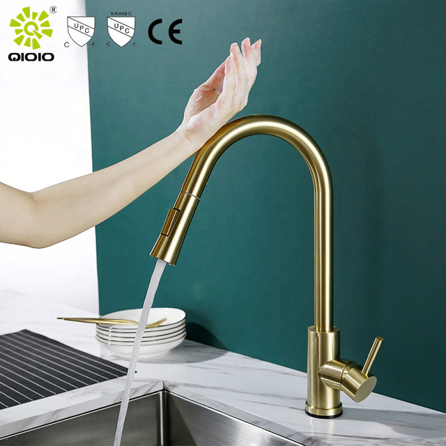 cUPC 304 sensor táctil de níquel cepillado de acero inoxidable caliente y frío grifo de cocina extraíble