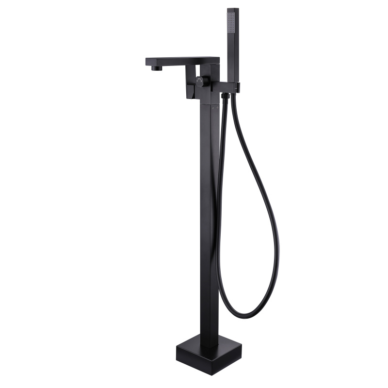 Grifo de ba&ntilde;era con piso de acero inoxidable cuadrado negro mate