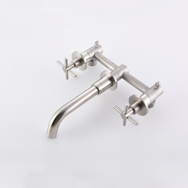 Grifos de doble manija para lavabo de baño con montaje en pared cromado de acero inoxidable 304 