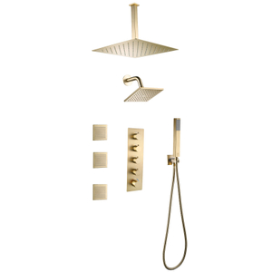 Juego de mezclador de ducha termostático oculto de 4 funciones para baño dorado moderno