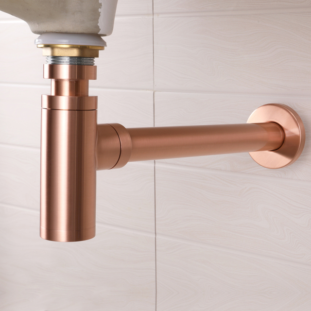 Desagüe de tubo de desagüe oculto para pared de oro rosa de cobre cepillado, lavabo decorativo para baño, trampa para botellas de acero inoxidable, sifón 