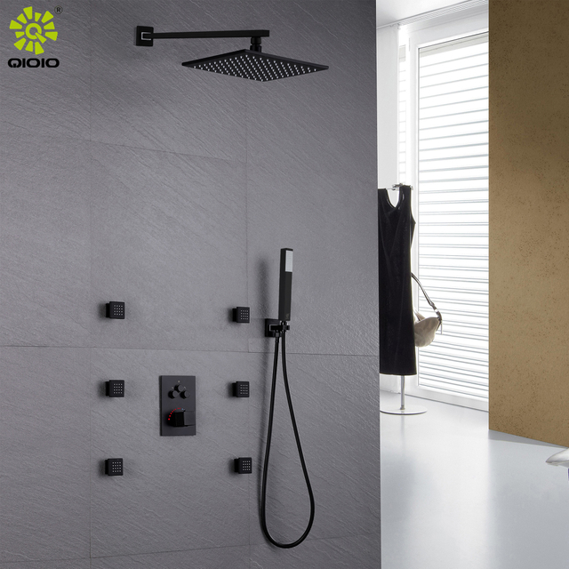 Cabezal de ducha LED 3 funciones de latón set de ducha termostático empotrado negro