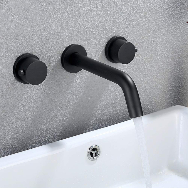Grifos de doble manija para lavabo de baño de montaje en pared de acero inoxidable 304 negro mate 