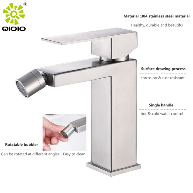 Grifo de bidé cuadrado cepillado de acero inoxidable 304 Grifo de lavabo de baño mixto frío caliente sin plomo