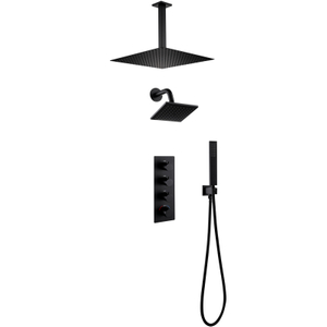 Juego de mezclador de ducha termostático oculto de 3 funciones para baño negro moderno