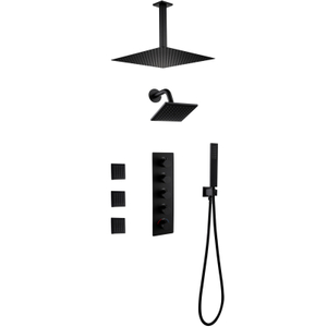 Conjunto de mezclador de ducha termostático oculto de 4 funciones para baño negro moderno
