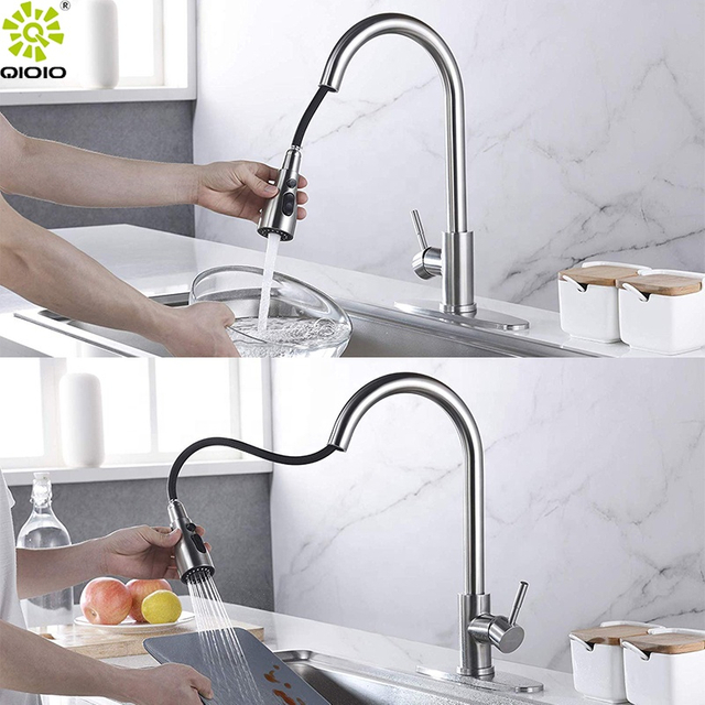 CUPC Grifos de fregadero de cocina de acero inoxidable 304 de una manija de alta calidad con rociador abatible